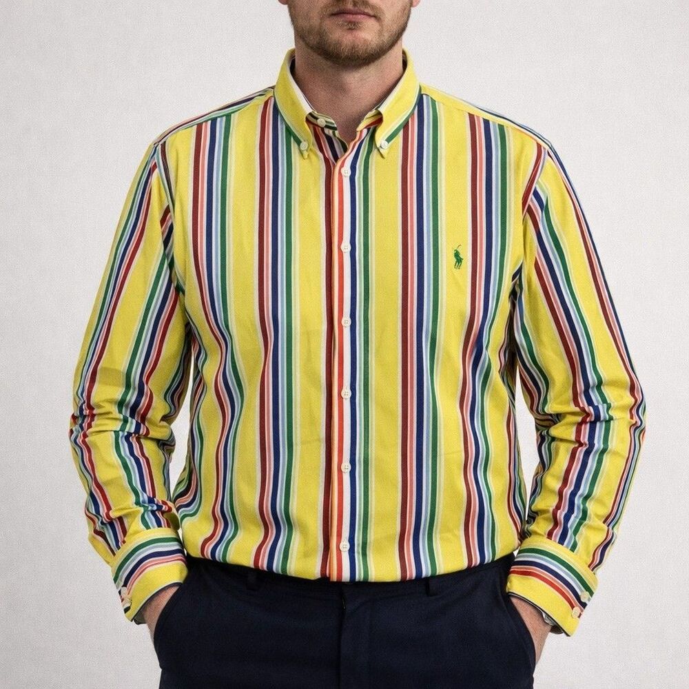 Ralph Lauren Shirt Mens XL Yellow Multicolor Striped Classic Fit Button Down
